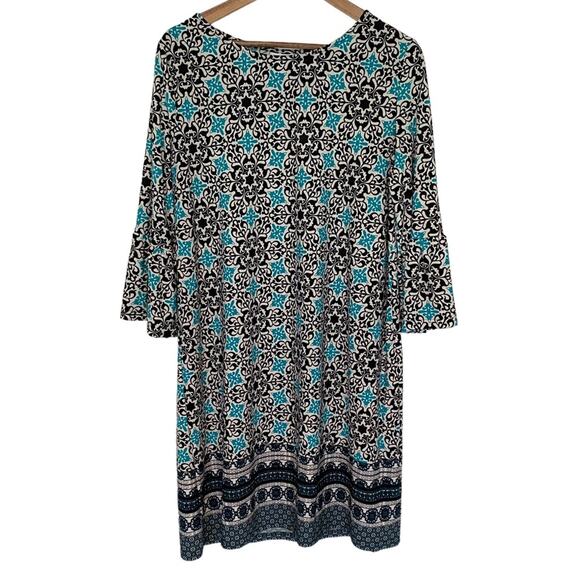 KIM ROGERS Geo Print Shift Dress Black Teal Size Small Business Casual - Picture 1 of 7